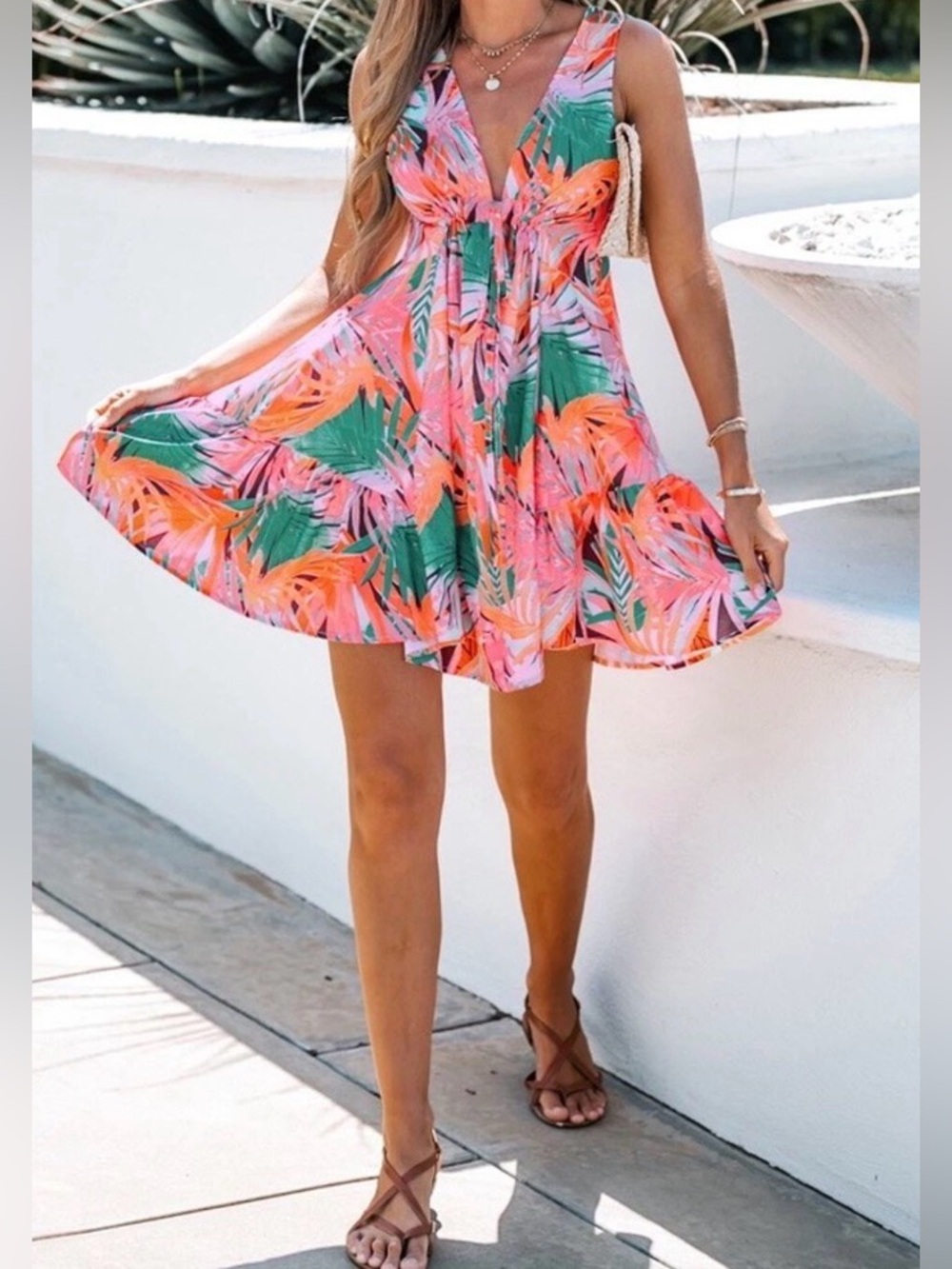 Tropical V-Neck Summer Sundress - Pink & Green- Adjustable